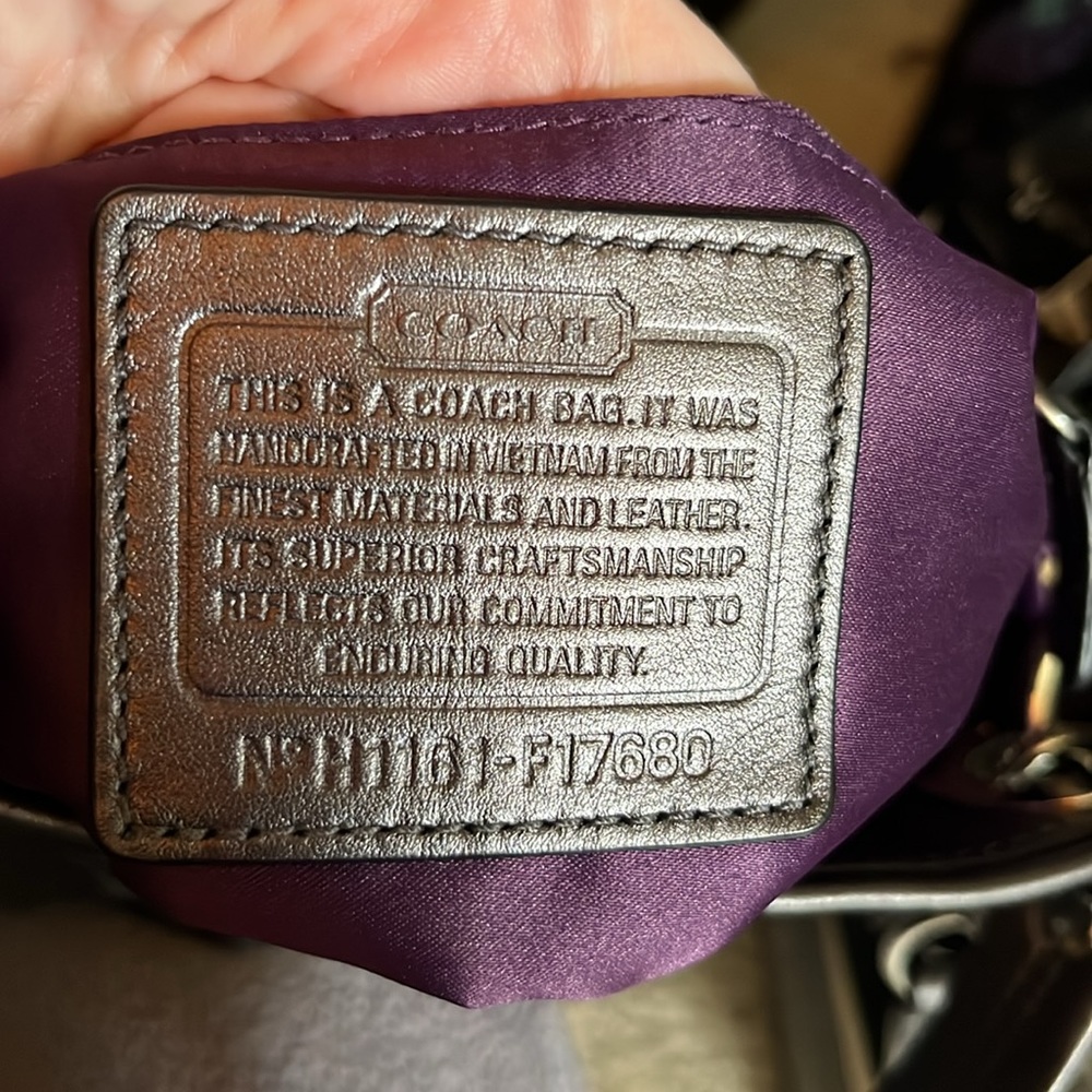 EUC Coach signature optic gray metallic fabric two way bag w/ purple interior - Picture 9 of 11